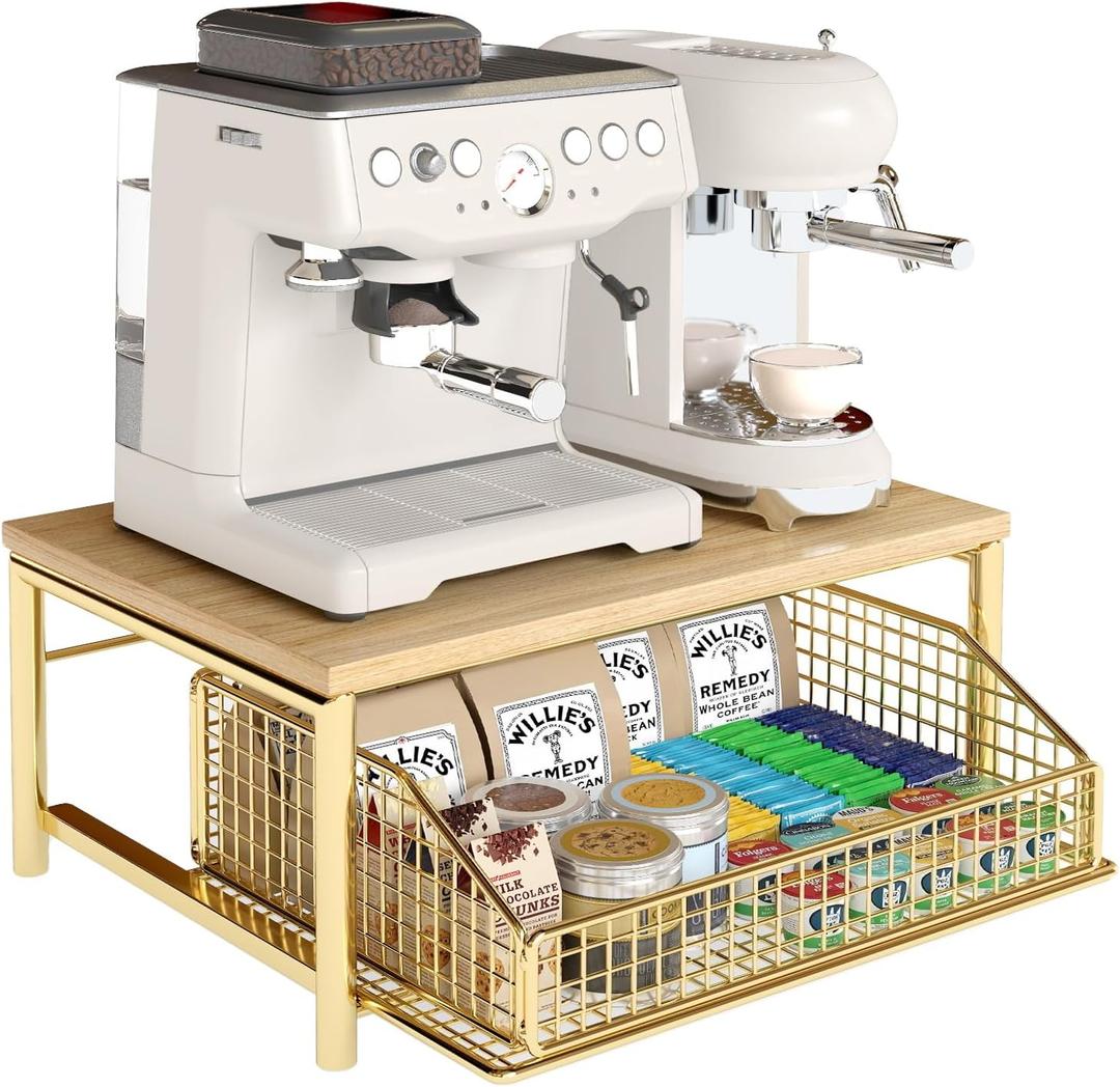 Coffee Pod Drawer, Counter Coffee Bar Organizer for Home Kitchen,Gold, 10.2"D x 14.5"W x 7.8"H