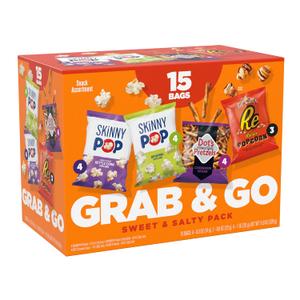 SkinnyPop Sweet & Salty Variety Pack, SkinnyPop Original and Kettle Corn, Dot's Cinnamon Sugar Pretzels, Reese's Popcorn, On-the-Go Snacks, Individually Sized Bags, (15 Count), BBD: 07/17/2026