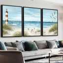 Large Framed Coastal Wall Art - Summer Beach Lanscape Wall Decor Painting 24"x36" Set of 3 Seabird Lighthouse Prints Ocean Waves Canvas Pictures for Living Room Bedroom Office Artwork (Blue)