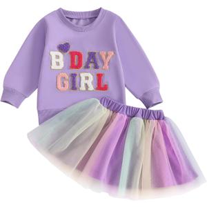 Toddler Baby Girl Birthday Outfit Letter Embroidery Long/Short Sleeve Sweatshirt Tutu Dress Skirts Birthday Gift (9-10 Years, Purple)