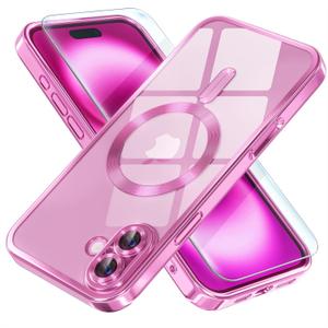 Misea Magnetic for iPhone 16 Plus Case with MagSafe [Never Yellowing] [Military Grade Drop Protection] Full Camera Lens Protector Plating Soft Clear Phone Case for Women Girls 6.7 inch, Hot Pink
