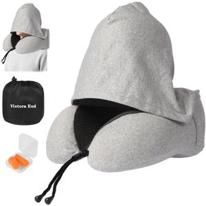 Travel Neck Pillow with 100% Light-Blocking Hood Ergonomic Memory Foam Support Pillow for Airplane, Long Flights, Road Trips, Office and Car, Full Head and Neck Support with Skin-Friendly Cover