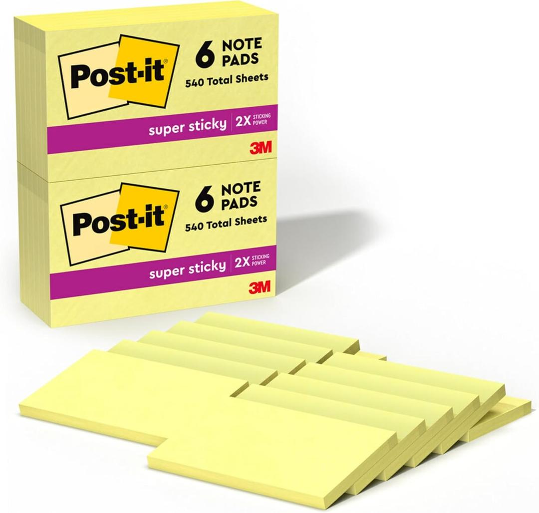 Post-it Super Sticky Notes, 12 Sticky Note Pads, 3 x 5 in., Ideal for Organization in Your Dorm, Home or Office, Canary Yellow