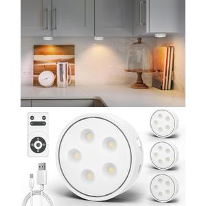 Puck Lights with Remote Control,Under Cabinet Lighting Magnetic,LED Closet Lights Rechargeable,Dimming Tap Light, Stick on Lights, for Closet, Bedroom Wall, Under Cabinet(Warm Color)4 Pack