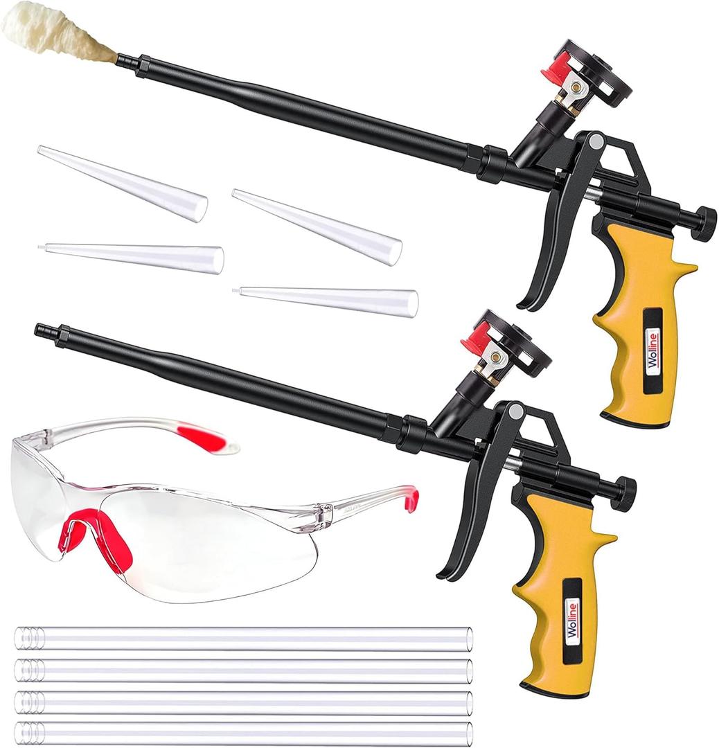 Spray Foam Gun Insulation (2 x Foam Gun / 4 Nozzle) Foam Spray Gun, Teflon-Coated Professional Expanding Foam Gun, Foam Dispensing Gun, for Caulking, Insulating Foam Applicator Yellow - 2 Pack