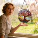 Stained Glass Window Hanging, 8 Inch Tree of Life Stained Glass Suncatchers for Indoor Windows Wall Kitchen Home Room Decor Ornaments Gifts for Women Mom Grandma Birthday Mother's Day