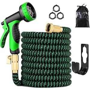 100 ft Expandable Garden Hose  Kink Free Flexible Water Hose 100ft with 10 Pattern Spray Nozzle, 3/4 Solid Brass Connectors, Retractable Latex Core  Lightweight Expanding Hose