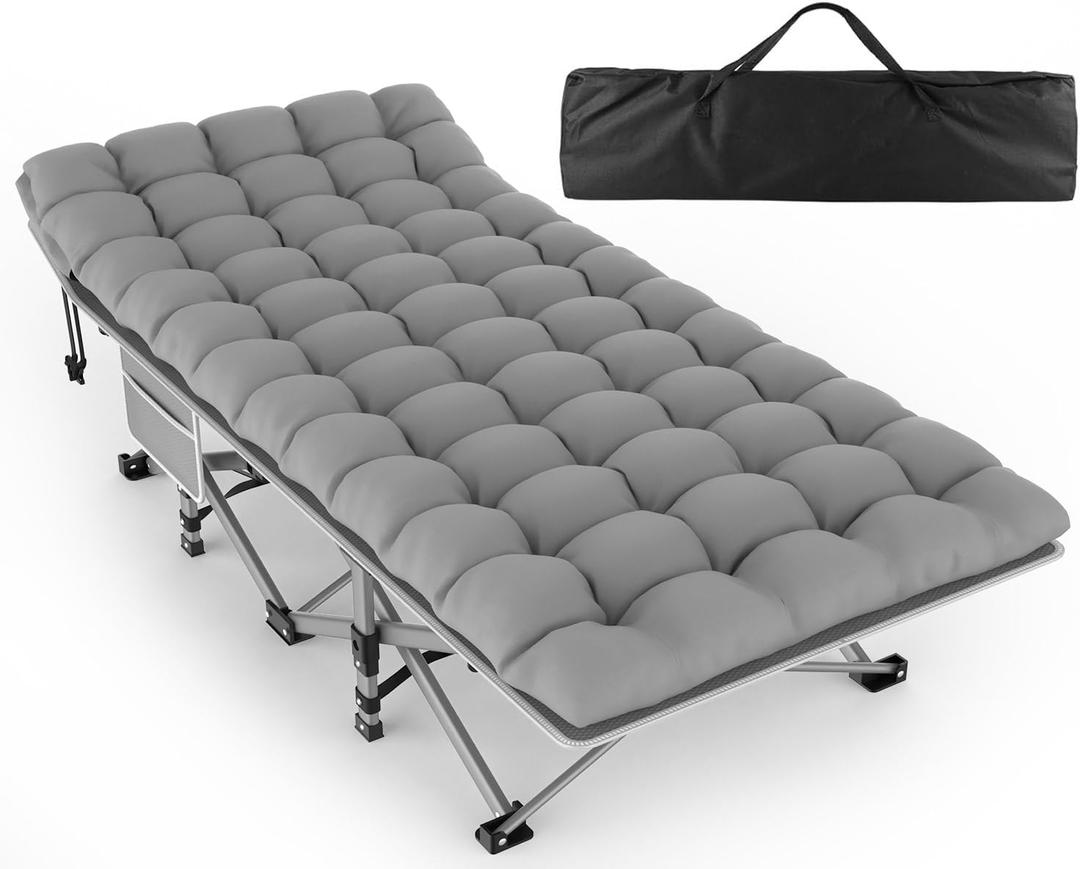 ZENPETIO Camping Cots for Adults, Portable Folding Sleeping Cot with Carry Bag, 1200D Double Layer Oxford Ultra Soft Cot Bed with Mattress, Tent Cot for Travel Office Hospital, Support 500lbs, Gray