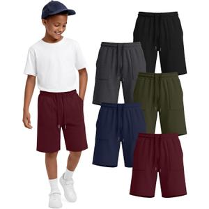 5 Pack Boys Shorts Kids Athletic Summer Knee Length Sweatshort Teen Drawstring for School Short Pocket 6-16Y