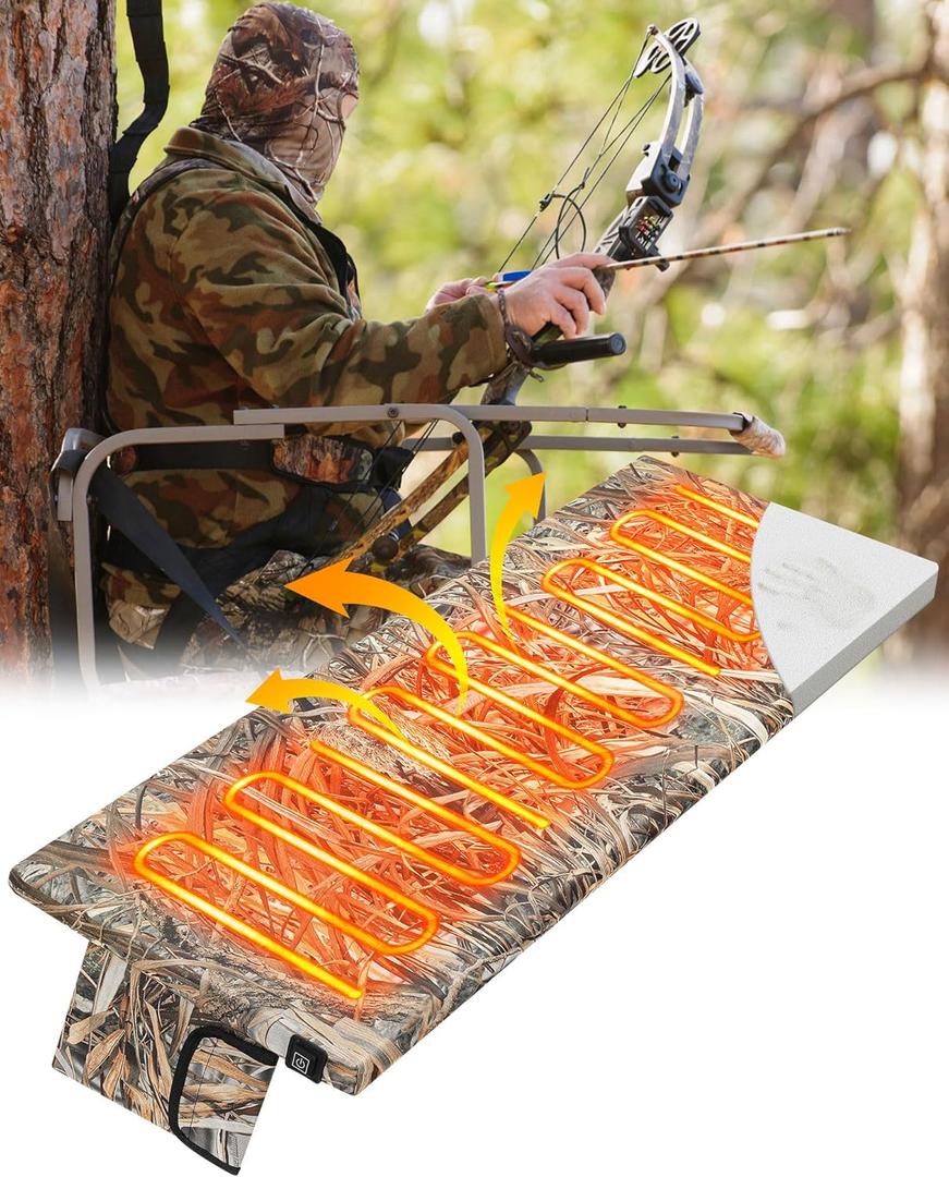 Heated Two Person Tree Stand Seat Cushion 37.4''x13.8'' Thick 1.6in Ladder Tree Stand Seat Replacement Pad Foldable Waterproof Gift for Outdoor Deer Hunting Camping, 3 Heating Level