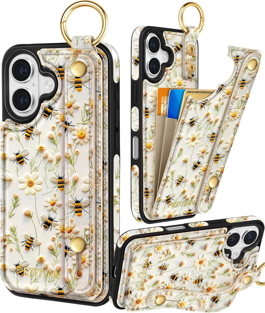 Petitian for iPhone 16 Wallet Case - Women Girls Cute Girly Aesthetic Unique Design Leather Credit Card Holder Cardholder Stand Wristband for iPhone 16, Flower