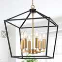 MELUCEE Black Lantern Pendant Light 6 Light Industrial Cage Chandelier with E12 Brass Candle-Shaped Base Rustic Geometric Hanging Light Fixture for Kitchen Island Foyer Dining Room