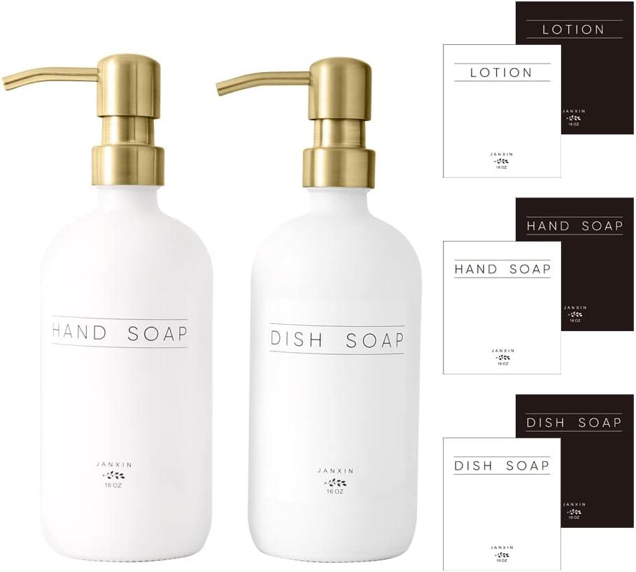Glass Soap Dispenser - Modern Bathroom & Kitchen Sink Dispenser with Waterproof Labels (White Bottles+Gold Pumps)