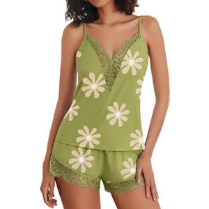 Avidlove Women Pajama Lace Trim V Neck Sleeveless Sleepwear Nightwear XXL, Floral Green
