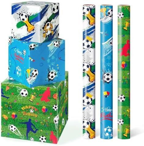 WERNNSAI Soccer Gift Wrapping Paper - 3 Rolls 17”x 120” Boys Sports Wrapping Paper for Kids Birthday Party Decoration Supply Football Baby Shower Present Packing Favor, Green & Blue