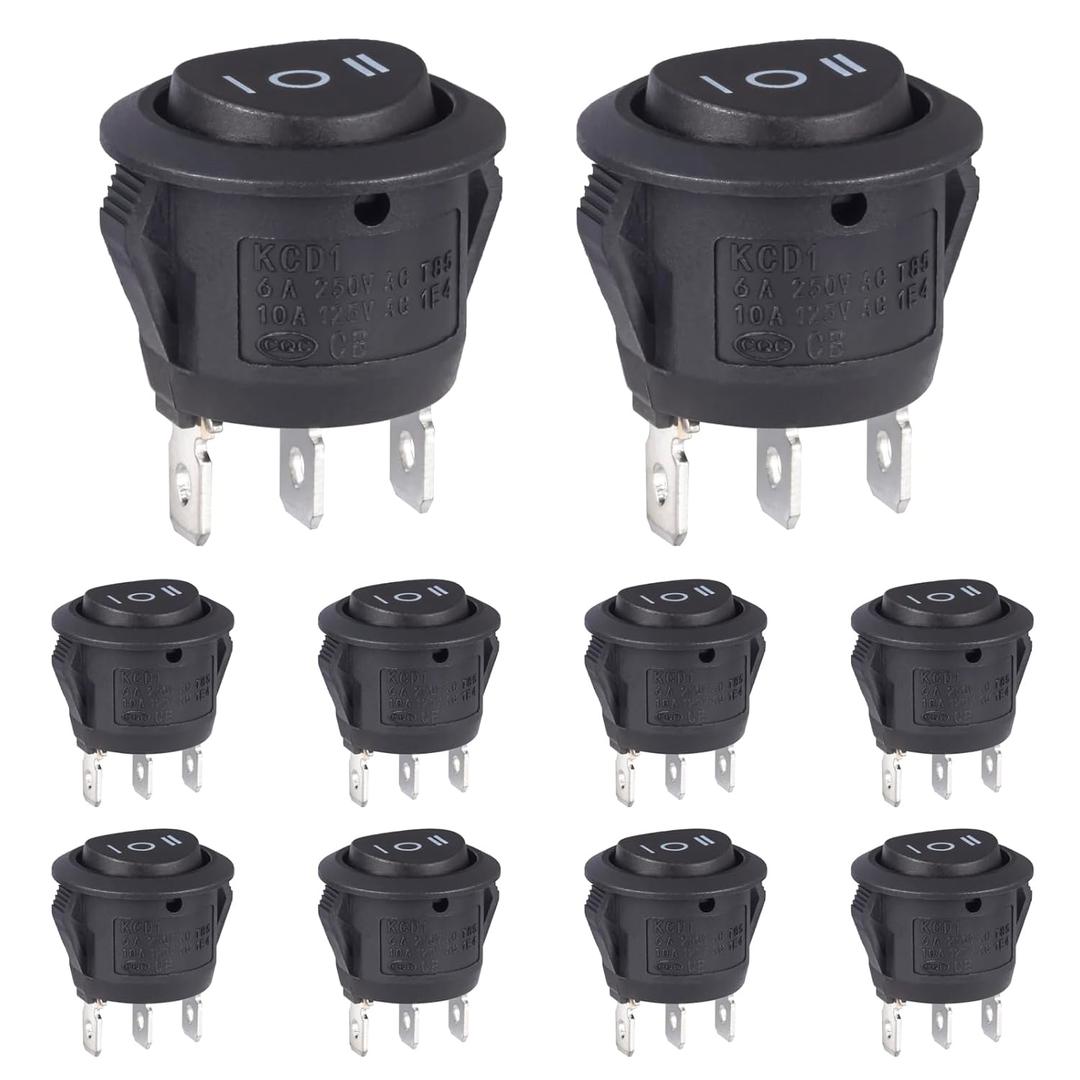 2 x VEXUNGA Round Rocker Switch 12V Black On Off On Mini Circle Switch 3 Pin 250V 6A 125V 10A KCD1 Round Toggle Switches for RV Car Truck Boat (Pack of 10pcs)