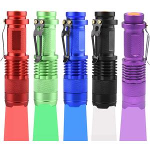 Multicolored 3-Mode Flashlight: Red, Green, Blue, UV & White LED Lights (Pack of 5)