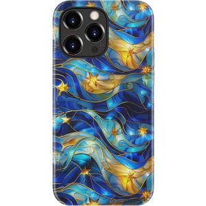 for iPhone 15 Pro Max Case - Wireless Charging Compatible - Dual-Layer Hard Shell + Silicone Cover - Shockproof Protective Phone Case with Stylish Designs for Women - Abstract Bule Gold Water