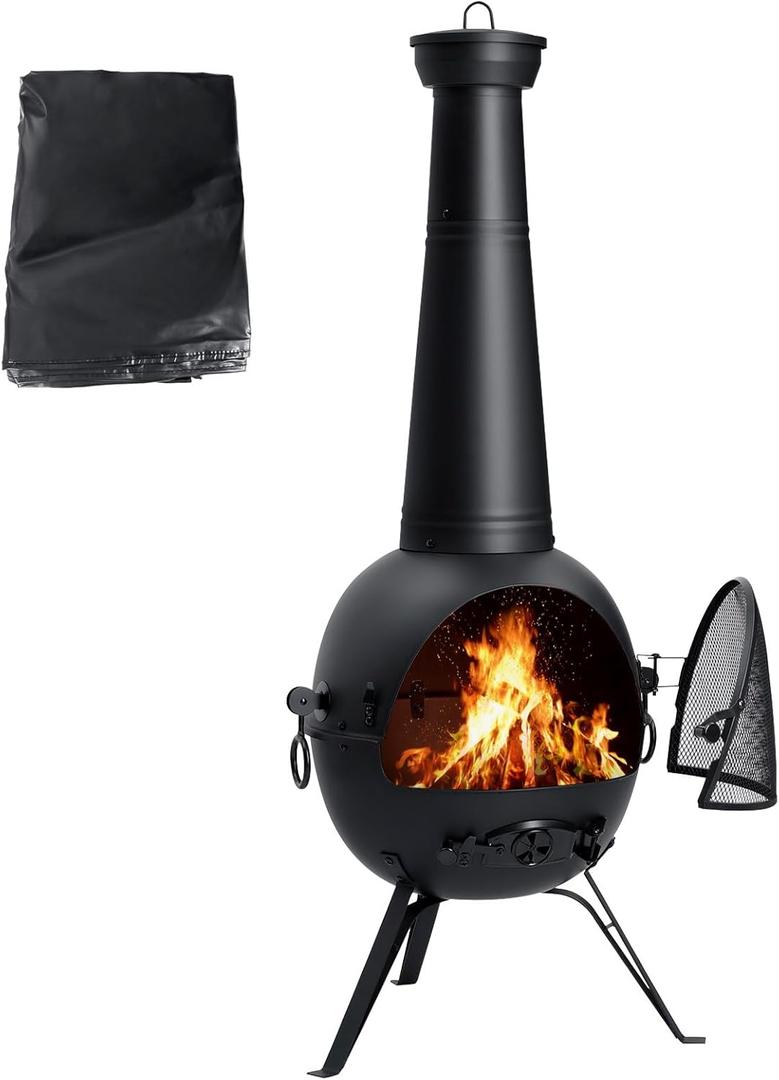 Chiminea Outdoor Fireplace Prairie Fire Patio Backyard Wooden Fire Pit with Chiminea Cover Rust-Free Iron Black