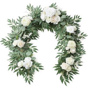 Floroom 6ft Artificial Eucalyptus Garland with Flowers Fake Greenery Faux Floral Vine Garland for Table Decor Wedding Centerpieces Bridal Shower Party Decorations, Ivory White