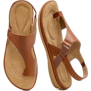 Flat Sandals for Women Dressy: Comfortable Orthopedic Summer Sandal Adjustable Ankle Strap Ladies Casual Shoes Outdoor Walking (Brown)
