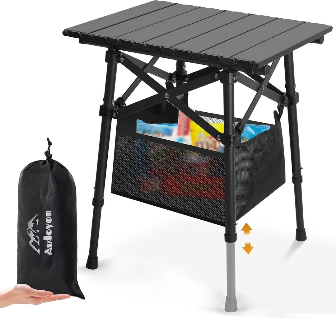 Folding Camping Table - Small Outdoor Table with Storage Bag - Adjustable Height 14.2'' & 18.9'', Portable Lightweight Aluminum Foldable Side Table for Picnic, BBQ, Beach & Tailgating