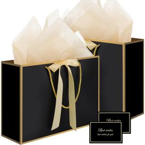 Woric Black Gift Bags with Handles, 14" Medium Gift Bag with Tissue Paper, 2 Pcs Bags with 4 Tissue Paper and 2 Cards for Graduation Boys Men Birthday Party Baby Shower