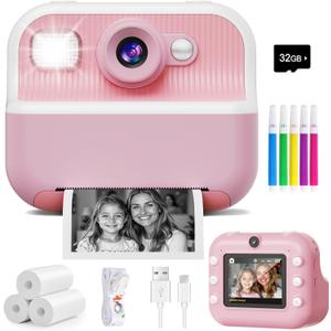 Instant Camera, Front Rear Dual Selfie Kids Camera with 1080P Videos, Holiday Birthday Gifts for Kids Age 3-12, Toddler Portable Travel Print Digital Camera Toy for 4 5 6 7 8 9 Year Boys Girls