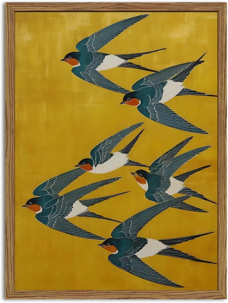 Vintage Japanese Bird Wall Art, Japan Swallow Wall Decor Painting Cottage Animal Poster Canvas Prints Picture for Bedroom Living Room Farmhouse 16x24 inch Wood Framed