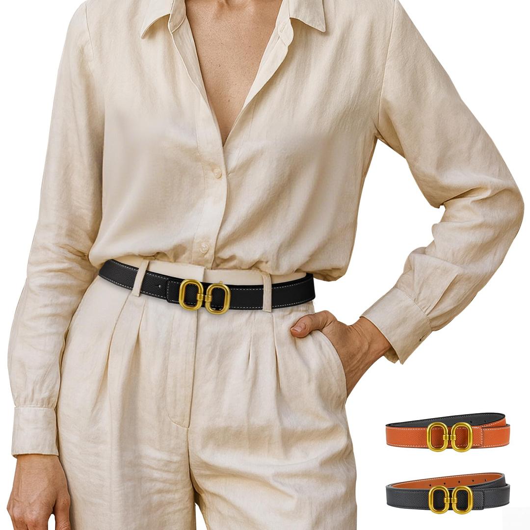 Giomos Women's Leather Belt for Jeans, Dress, Pants & Formal Outfits, Ladies Trendy Reversible Design Belt with Gold Buckle, Black & Orange