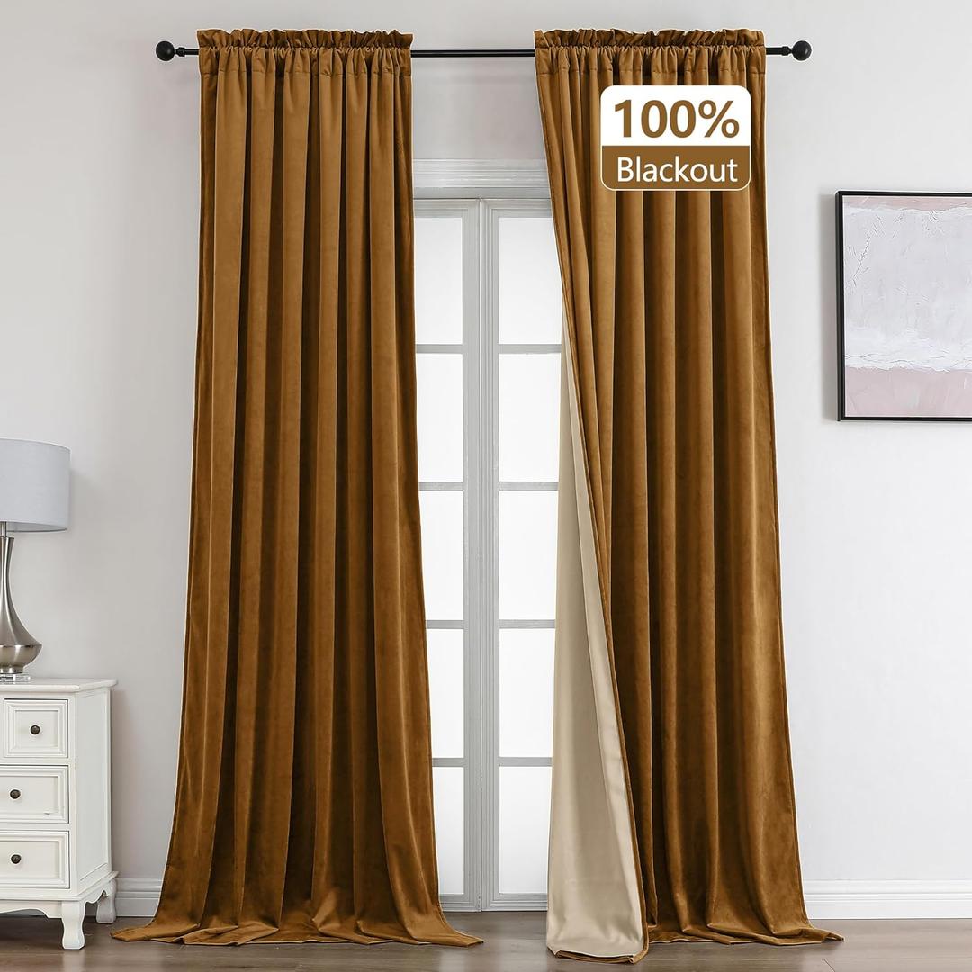 100% Blackout Goldbrown Velvet Curtains 52 x 108 Inches Long Curtain Drapes for Living Room Darkening Thermal Insulated Grommet Black out Curtains for Bedroom Windows Light Blocking Set of 2 Panels
