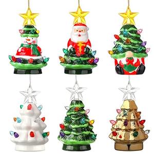 Umigy 4.5 Inch Mini Ceramic Christmas Tree Set, 6 Pack Tabletop Christmas Tree with Multicolored LED Lights Light up Hanging Ornaments for Vintage Nostalgic Classic Holiday Decoration and Gifts