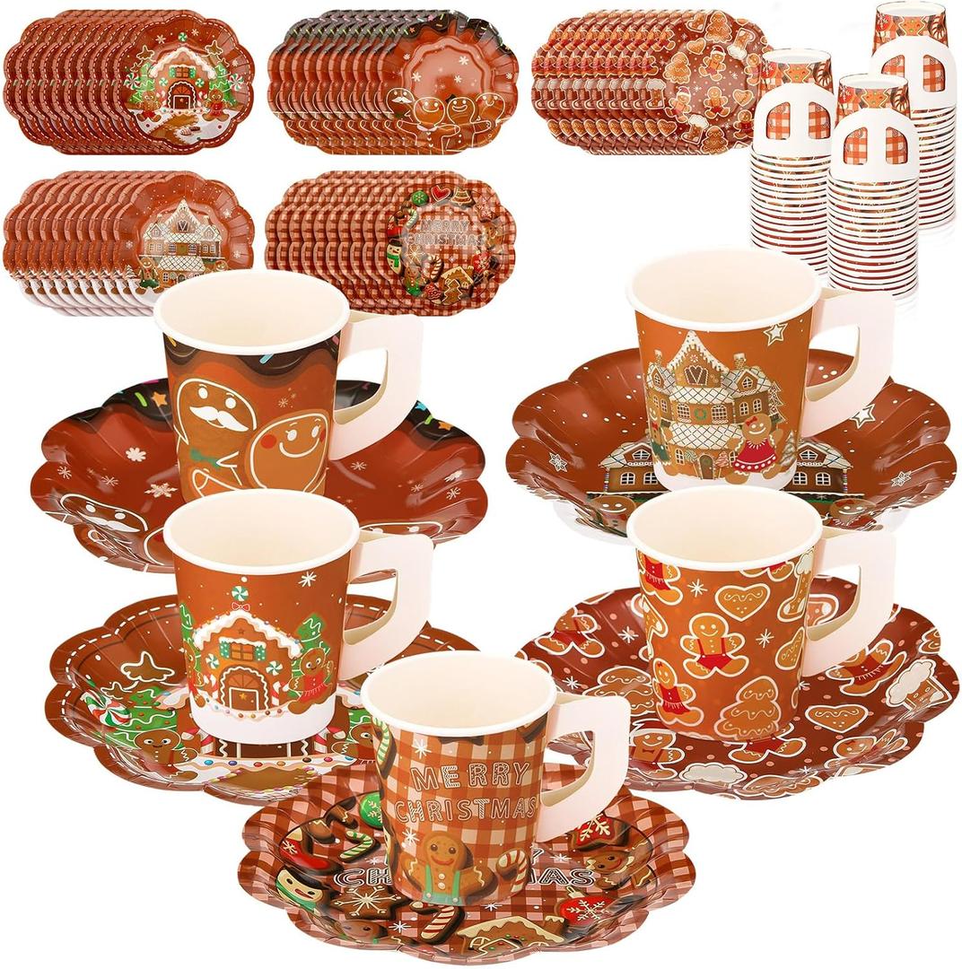 Boao 100 Pcs Christmas Gingerbread Man Party Supplies Christmas Tea Party 50 Disposable Tea Cups 7 Oz, 50 7'' Paper Scallop Shaped Saucer Plates with Handle for Beverage Tea Cocoa Decoration (Brown)