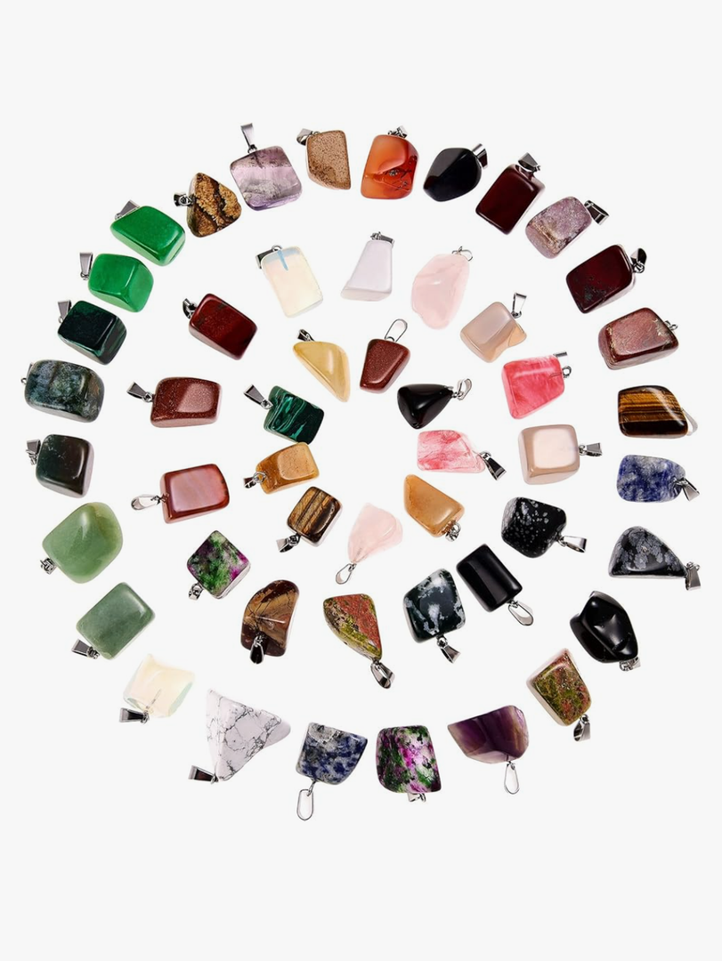 Hicarer 50 Pieces Mixed Stone Beads Crystal Stone Pendants Quartz Charms with Storage Bag for Jewelry Making