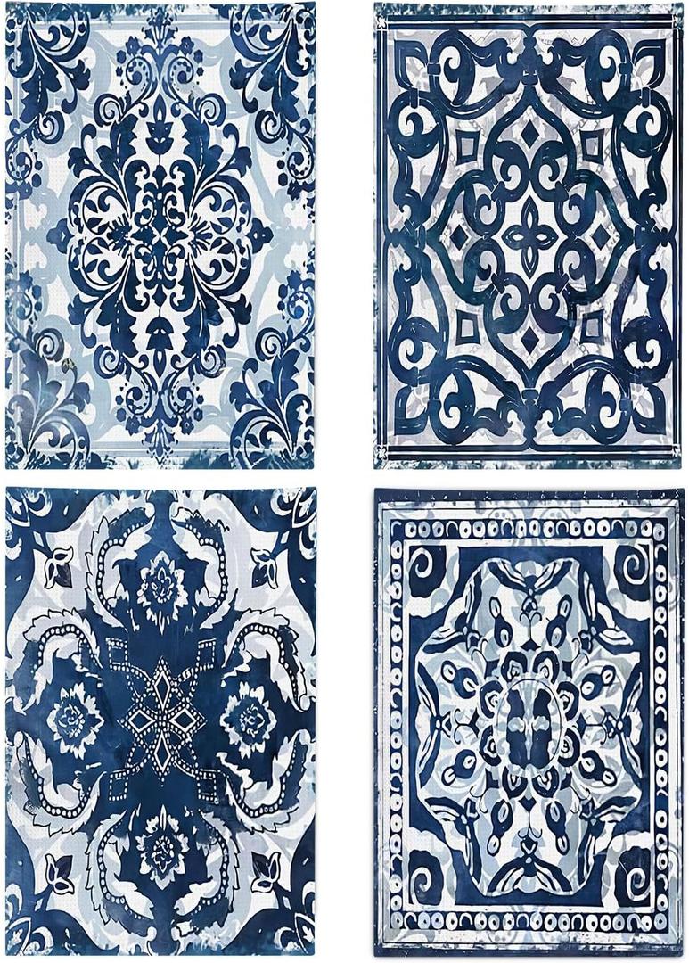 kunlisa Boho Vintage Navy Blue Kitchen Towels,Bathroom Kitchen Decor,16x24 Inch Set of 4