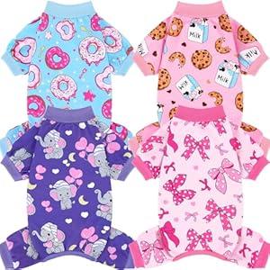 XPUDAC 4 Pieces Dog Pajamas Soft Strechy Puppy Onesies Pet Clothes for Small Medium Dogs Boy Girl Cat Pet Outfit, 153-M
