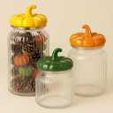 Mimorou 3 Set Pumpkin Glass Jar with Pumpkin Airtight Ceramic Lid 44 oz 33 oz 22oz Fall Clear Candy Jar Food Storage for Thanksgiving Party Cookie Table Decoration(Yellow, Orange, Green,Autumn)
