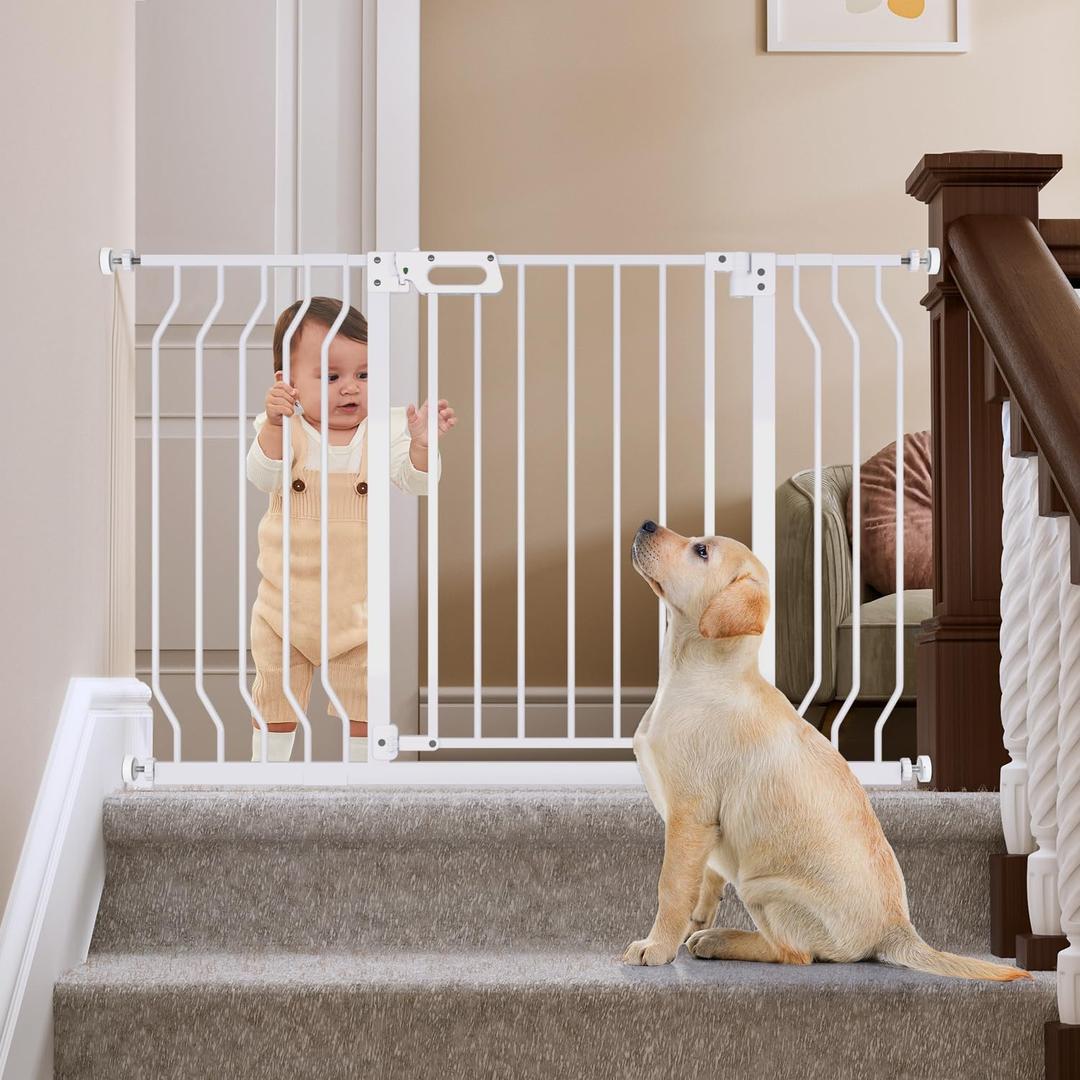 Mom's Choice-GROWNSY Baby Gate for Stairs, 30.5"-43" Pressure Mounted Pet Gate for Doorways-Auto Close Dog Gate for The House-Easy Installation & Walk Thru Wide Safety Gate (White)