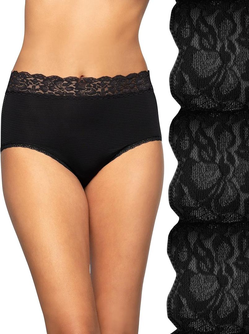 Vanity Fair Womens Flattering Lace Panties: Lightweight & Silky with Superior Stretch (7, 3 Pack - Black)