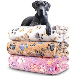 Dog Blankets for Medium Large Dogs, 3 Pack Dog Blanket Washable 41" x 31", Fuzzy Soft Pet Mat Throw Cover for Kennel Crate Bed, Cute Paw Pattern, Cat Blanket, Blankets for Dogs, Pet Blanket (White/Brown/Pink)
