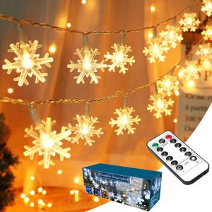 BrizLabs Snowflake Lights, 40 LED 16.08ft Christmas Lights with Remote, Twinkle Snowflake String Lights Battery Operated, 8 Modes Xmas Light Waterproof for Outdoor Indoor Tree Room Decor, Warm White