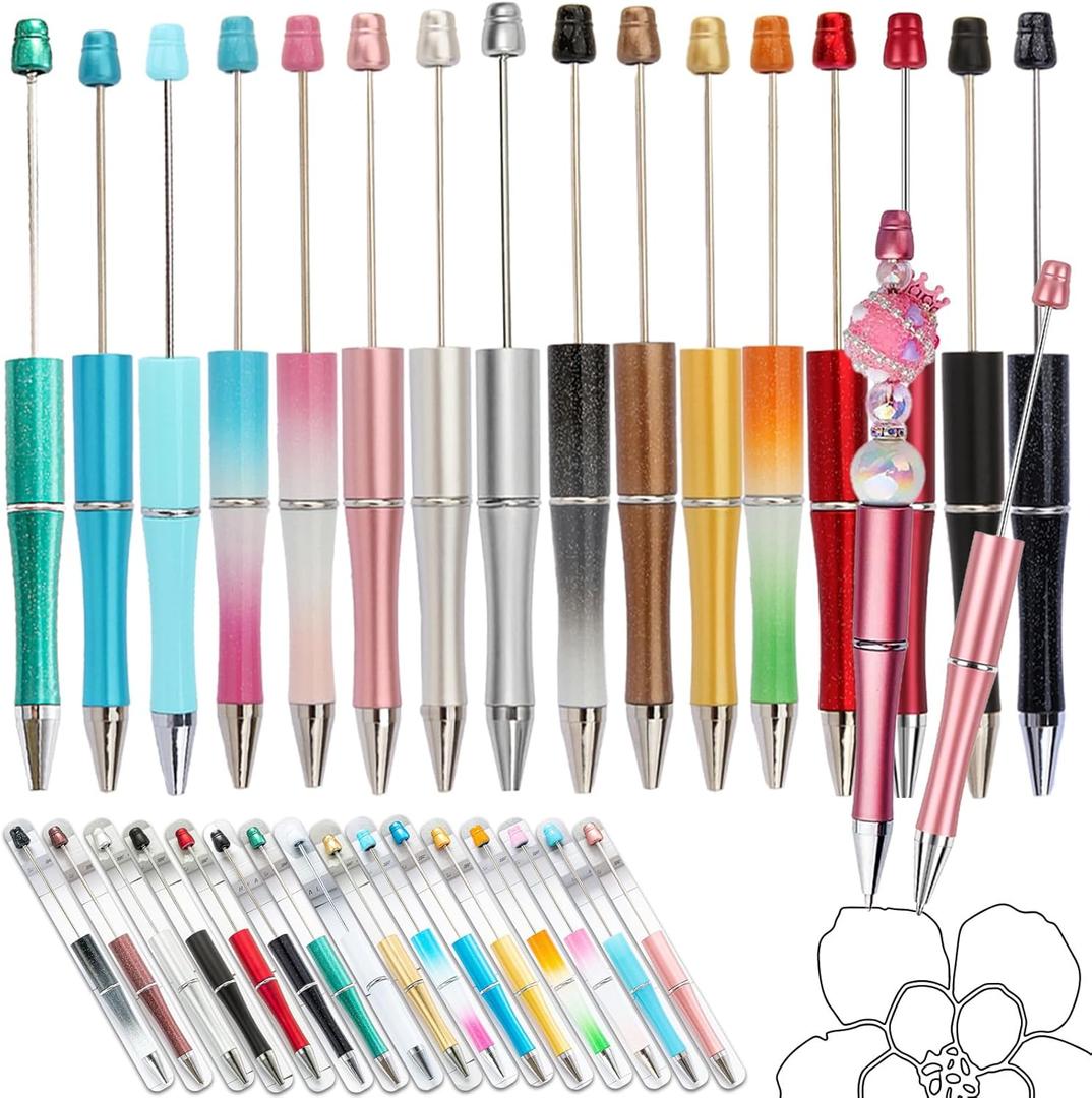 Beadable Writing Pens for Crafting 16-Color DIY Customizable Pen Set for School, Office & Creative Gifts | Smooth Writing, Stainless Steel Shaft, Interchangeable Ink Refills
