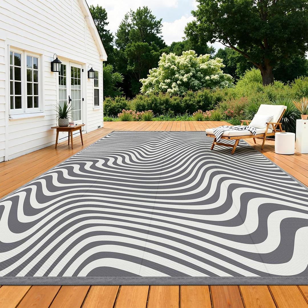 Vaukki Waterproof Outdoor Rug 9x12 Grey Striped Patio Mat