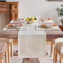 ZeeMart Linen Checked Table Runner, 13x48 Inches Ivory, Textured Woven Farmhouse Table Runners 48 Inches Long, Off White Plaid Dresser Scarf for Kitchen Dining Holiday Everyday Decor