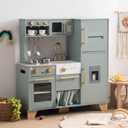 ROBUD Play Kitchen Set, Wooden Play Kitchen with Ice Maker, Fridge, Coffee Machine, Oven, Dishwasher, Microwave, Kitchen Accessories, Toy Kitchen Gift for Boys Girls, 3+