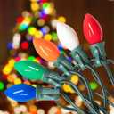 25FT C7 Ceramic Multicolor Christmas Lights Outdoor, Vintage Christmas Lights Green Wire with 25+2 Multicolored C7 Light Bulbs, Hanging String Light for Xmas Tree Home Yard Party Decor, 5W, E12 Base
