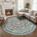 WITSHOCK Round Living Room Rugs 8Ft: Washable Vintage Boho Soft Low Pile Non-Slip Stain Resistant Foldable Carpet for Bedroom Playroom Dining Room Office, Distressed Farmhouse Home Decor Rug-Dull Teal