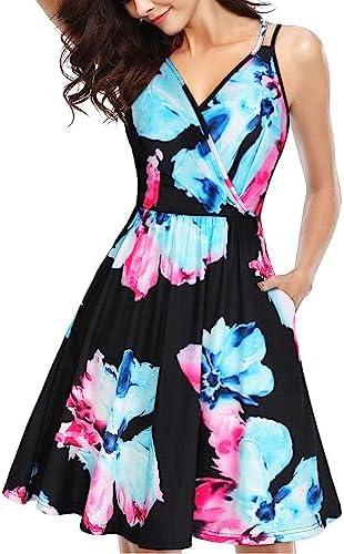 II ININ Women's Summer Dresses Casual Beach Boho Vacation Outfits Spaghetti Strap Floral/Solid Sundress with Pockets, XXL