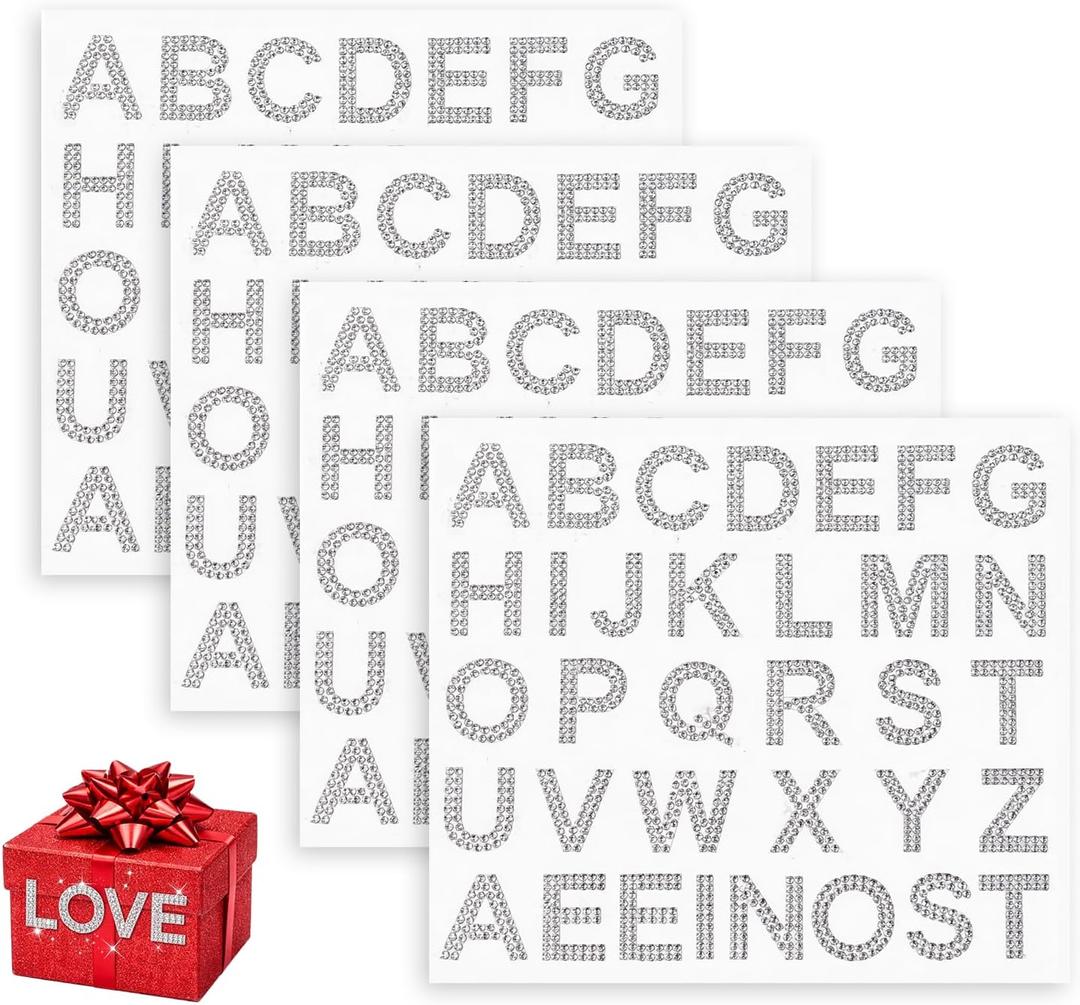 Rhinestone Letter Stickers, Silver Glitter Self-Adhesive Diamond Alphabet Stickers, Bling Crystal Letters for DIY Crafts, Clothing, Bags, Hats, Scrapbooks & Decor (136 Pcs)