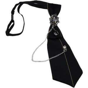 Thereisno Gothic Black Necktie for Rhinestone Pendant Metal Chain Evening Party Pretied Bo Neck Tie